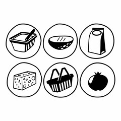 Set of grocery icons in circles, featuring food and shopping elements