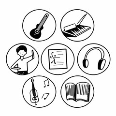 Hand drawn illustration of music icons, including instruments and musician