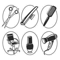 Hairdressing salon equipment icons, featuring scissors, comb, brush and dryer