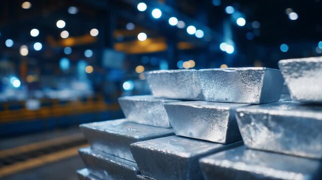 High-purity lanthanum ingots stacked on a factory shelf, illuminated by cold blue lighting for a striking metallic sheen.