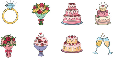 Romantic wedding elements with cake, bouquet, diamond ring and champagne glasses, perfect for invitations, greeting cards, posters, decorations, celebration