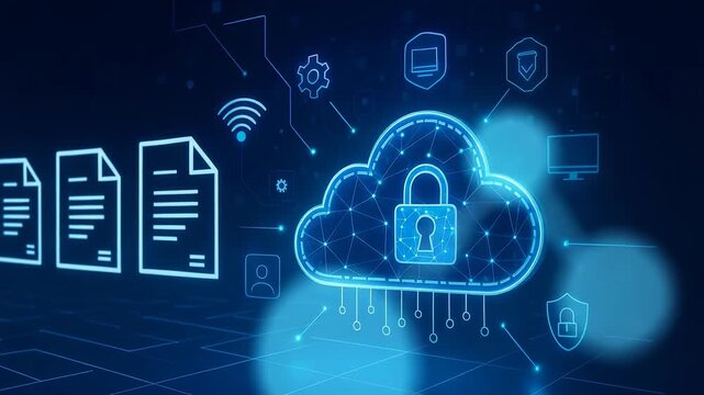 Glowing Cloud with Lock Icon and Documents Gear Icons in Digital Network Setup