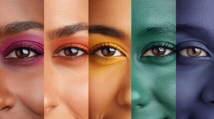 A close-up of five women displaying vibrant eye makeup in various colors. The image highlights diversity and creativity in beauty.