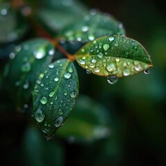 Dewdrops cling to vibrant green leaves highlighting intricate leaf veins