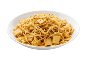 A delicious dish of stir-fried bamboo shoots and noodles, seasoned with spices and presented attractively on a white plate.