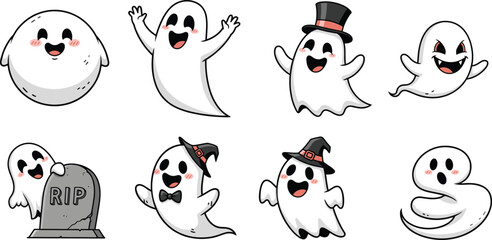 Cute and spooky cartoon ghost characters collection, funny and scary Halloween spirit illustration perfect for posters, invitations, stickers, decorations