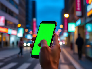 Close-up of a hand holding a modern smartphone with a blank green screen, tapping in a vibrant blurry city street at night