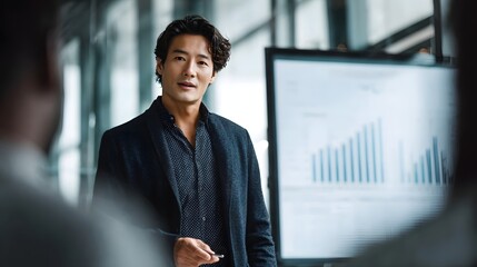 Professional Asian man leads a business meeting presenting data and charts on a large screen in a modern corporate office environment