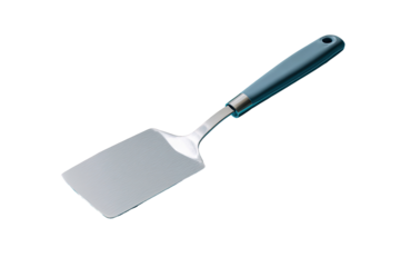 A gray-and-teal spatula, angled.  The spatula's metal blade is rectangular, and the handle is a smooth teal color,  with a small, rounded grip