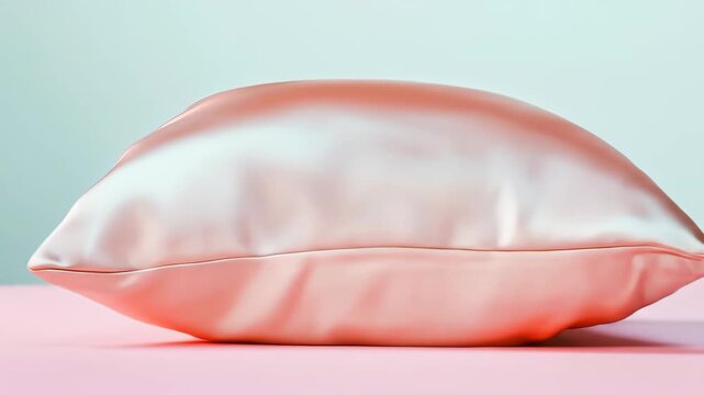 Peach satin pillow on a pink and light blue background, studio shot.