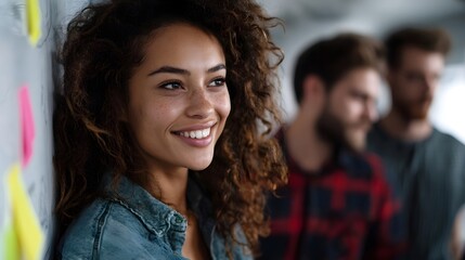 Fototapeta premium Smiling young woman with curly hair and freckles in a bright modern office collaborating with diverse colleagues on a project surrounded by sticky
