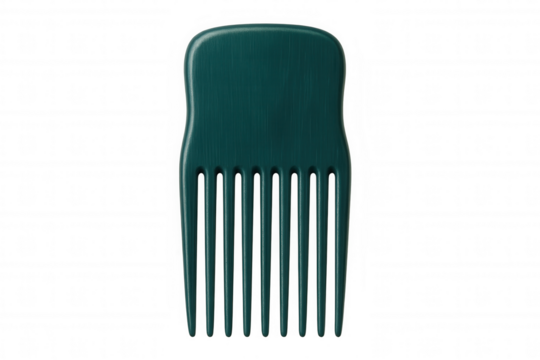 Green plastic hair comb detangling and separating strands with wide teeth on clear background