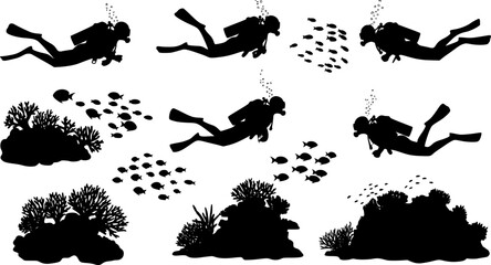 Silhouettes of scuba divers exploring underwater world with coral and fish in black and white style | editable eps vectors
