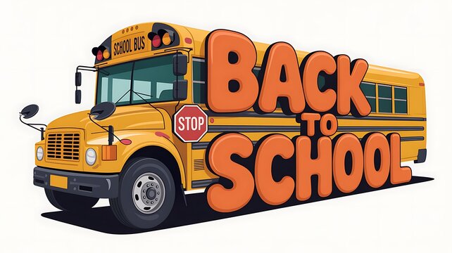 Yellow school bus with bold orange back to school text