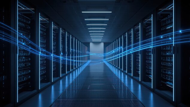 Server room with data streams, illuminated servers, and a sense of highspeed connectivity, representing data processing and network infrastructure