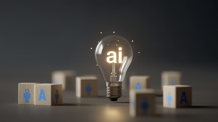 Glowing light bulb with word ai inside is surrounded by wooden blocks with symbols, representing artificial intelligence and innovation