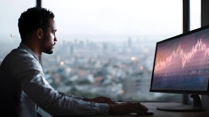 Focused businessman analyzing financial data on a computer monitor with a blurred city skyline visible through the office window