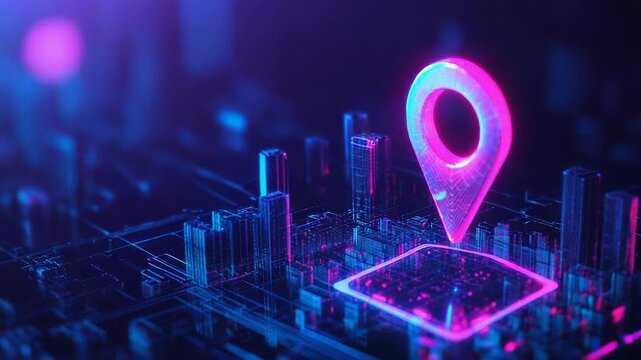 Glowing location pin hovering over futuristic cityscape on circuit board