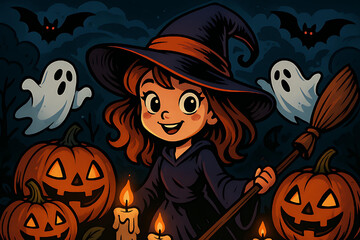 halloween background with cartoon witch