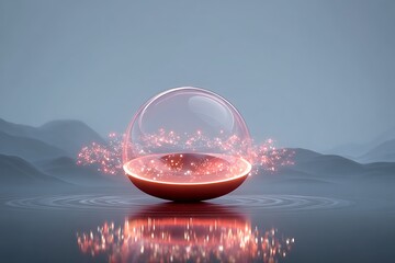 Mysterious glowing sphere emerges from water, creating ripples and radiating vibrant energy