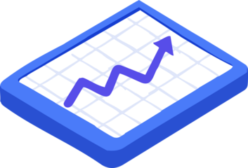 This image shows an isometric illustration of a digital chart with a purple upward-trending arrow on a blue-bordered tablet-like surface.