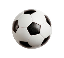 A black and white soccer ball, perfectly round, is centered on a black background.  The ball's surface is composed of alternating black and white hexagons