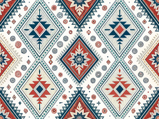 Tribal geometric diamond pattern red blue white folk art