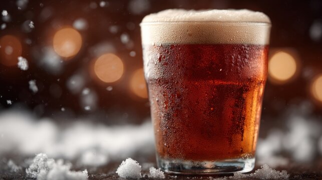 Seasonal brew poured crisp with bubbles rising in unique tap glass
