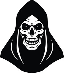 a bold skull face peeking from under a hood  white.eps