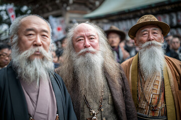 Contestants in the Beard Boast competition at the Doburoku Matsuri. Japanese men proudly display long, styled beards in front of the shrine. 