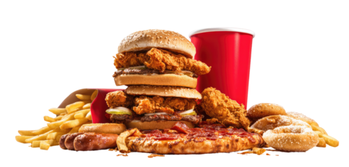 Assorted fast food items, including burgers, fried chicken, pizza, fries, donuts, and a red cup