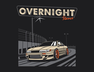 overnight racing illustration featuring 90s car vector and circuit background graphic
