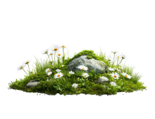 A small, grassy mound with wildflowers and a rock