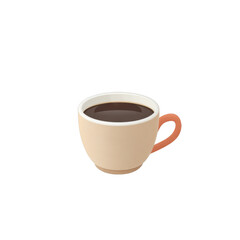 Obraz premium Ceramic coffee cup filled with hot espresso, beige cup with pink handle, isolated on white background.