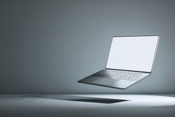 Sleek modern laptop floats in minimalist space, ready for your digital content creation and business.