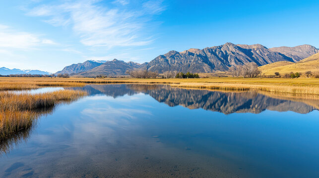 Serene landscape featuring calm lake reflecting majestic mountains under clear blue sky. golden grasslands enhance tranquil atmosphere