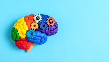 This imaginative brain model is crafted from colorful modeling clay and embedded with playful mechanical elements to symbolize creativity and cognitive engineering. Each lobe is sculpted in vibrant hu