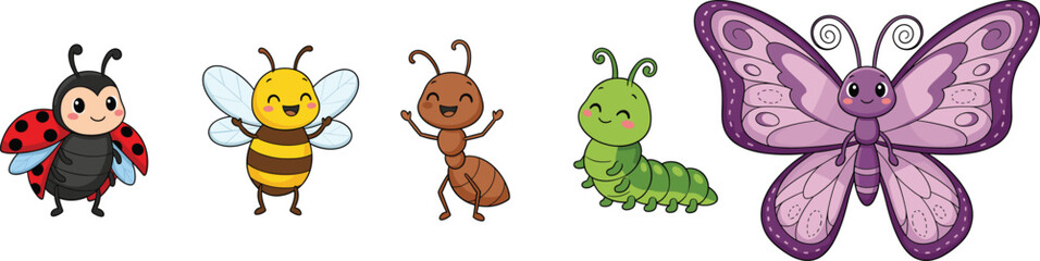 Cute cartoon insects collection with ladybug, bee, ant, caterpillar, and butterfly isolated on white background for kids design