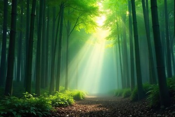 Fototapeta premium Serene bamboo forest bathed in soft morning light, mist clinging to the leaves, creating a mystical atmosphere Tranquil scene evokes peace and natural beauty , flora, mist, light