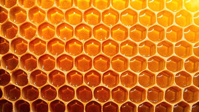A detailed, high-resolution close-up of a natural honeycomb, glistening with fresh, golden honey