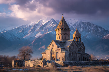Ancient Armenian church in Yeghegis illuminated by sunset against snowy mountains.