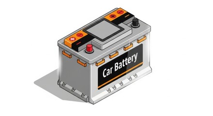 Isometric car battery illustration representing power and vehicle maintenance