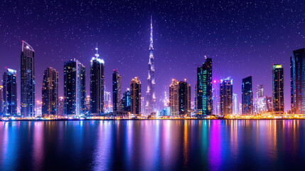 Stunning cityscape night featuring skyscrapers illuminated by vibrant lights, reflecting water. iconic tower stands tall against starry sky