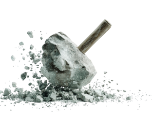 A heavy hammer smashing a large stone, creating a debris field