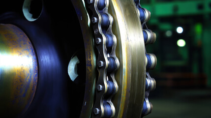 Close-up view of industrial machinery chain and gear in manufacturing facility at night