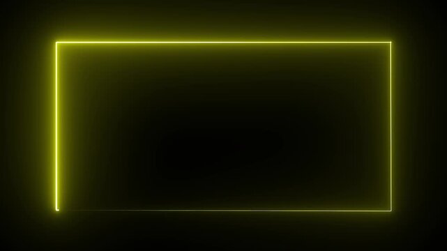 A yellow neon rectangle frame glowing against a dark background with a modern aesthetic design