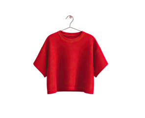 A vibrant red cropped t-shirt hangs on a black hanger against a black background