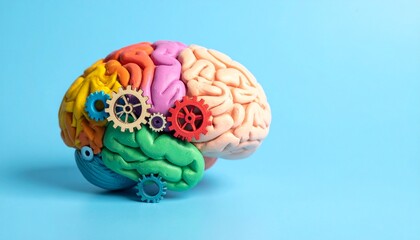 This imaginative brain model is sculpted from vibrant clay and embedded with a network of plastic gears to symbolize cognitive engineering and mental systems. 