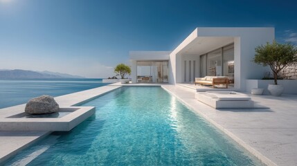 Fototapeta premium Ultra modern coastal villa with clean lines, minimalist design, large glass windows, sea views, swimming pool,