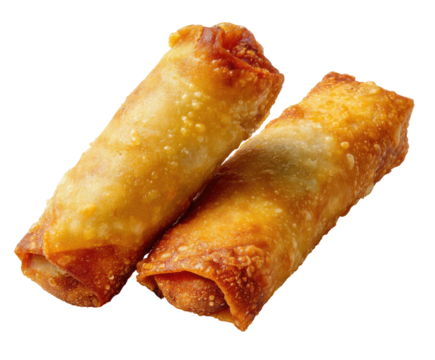Two golden-brown spring rolls, slightly overlapping, against a black background.  Crispy, rolled, and ready to eat.  Appetizer or side dish